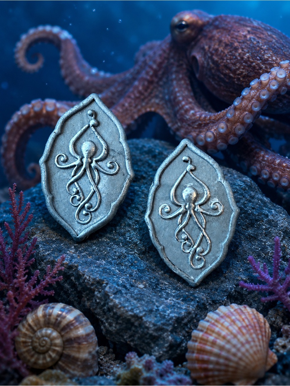 Octopus Relief Handmade Polymer Clay Earrings - Silver Nautical Medallions